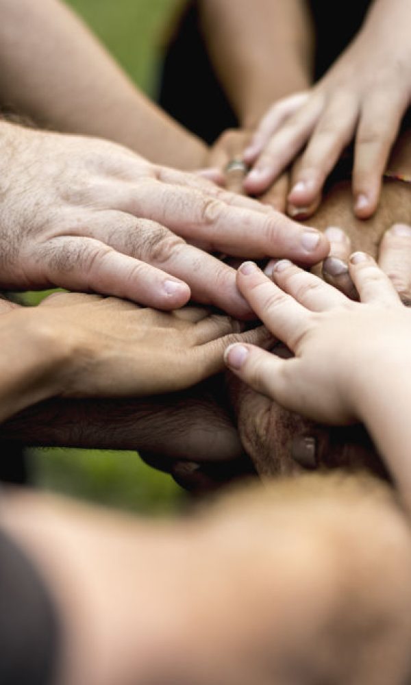 Group of diversity people hands stack support together